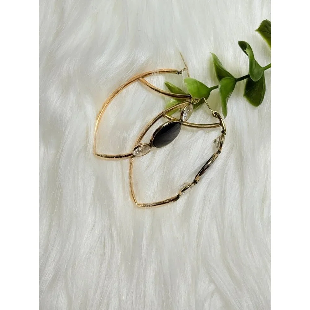14K Gol Onyx/Cz‎ Hoops Earrings